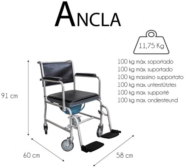 Mobiclinic, Ancla, Silla de WC con Ruedas, Silla de Inodoro para minusválidos, discapacitados, Ancianos, Plegable, Reposabrazos, Asiento ergonómico, Conteras Antideslizantes, Gris