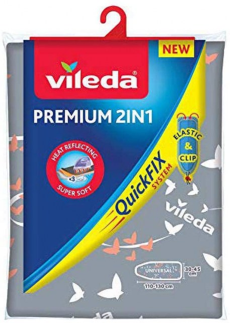 Vileda Premium 2 en 1 - Funda de planchar, tres capas, suave, encaja en cualquier tipo de tabla de entre 110-130 cm de largo y 30-45 cm de ancho, Color Gris y Blanco