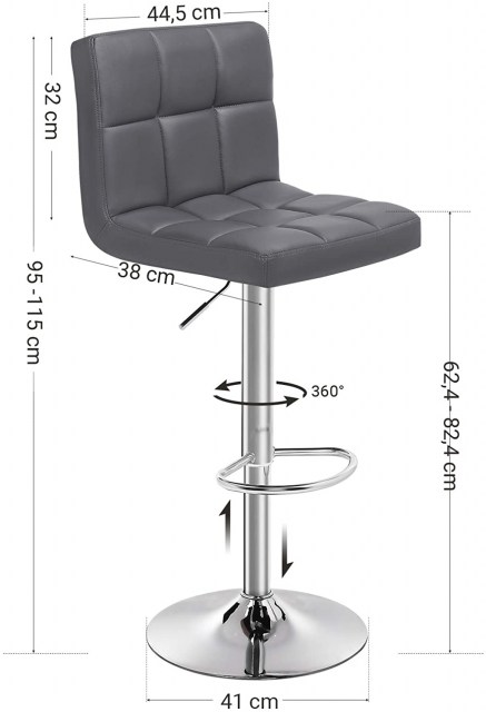 SONGMICS Taburete de Bar Juego de 2, Sillas de Bar Regulables en Altura en Piel Sintética, Taburete de Cocina Giratorio en 360° con Respaldo y Reposapiés, Acero Cromado, GrisOscuro LJB64GYZ