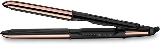 BaByliss ST481E Pure Metal Plancha de pelo profesional 2 en 1, alisa y ondula, con efecto TOP COAT, ajustes de temperatura de 150º a 230ºC, función iónica, Negro/ Oro rosa