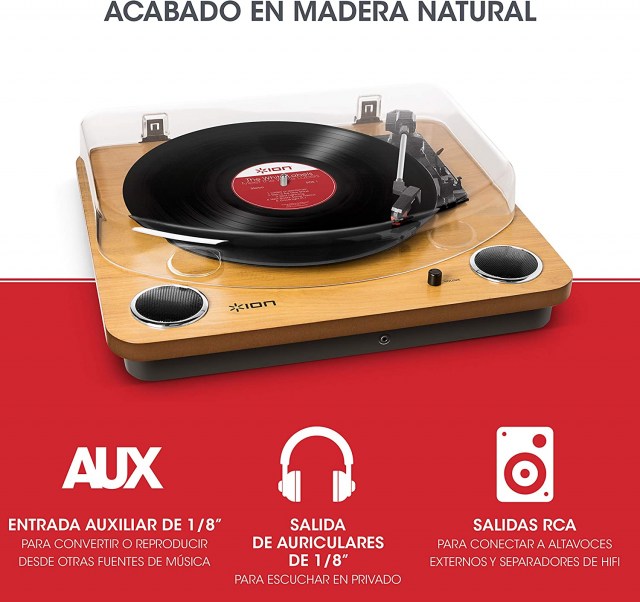 ION Audio Max LP - Tocadiscos de vinilo de 3 Velocidades con Altavoces estéreo, Salidas Auriculares y RCA, Salida USB para Convertir Discos de Vinilo a Archivos Digitales, Acabado en Madera