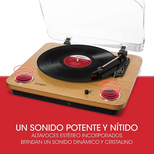 ION Audio Max LP - Tocadiscos de vinilo de 3 Velocidades con Altavoces estéreo, Salidas Auriculares y RCA, Salida USB para Convertir Discos de Vinilo a Archivos Digitales, Acabado en Madera