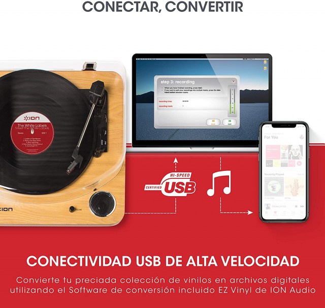 ION Audio Max LP - Tocadiscos de vinilo de 3 Velocidades con Altavoces estéreo, Salidas Auriculares y RCA, Salida USB para Convertir Discos de Vinilo a Archivos Digitales, Acabado en Madera