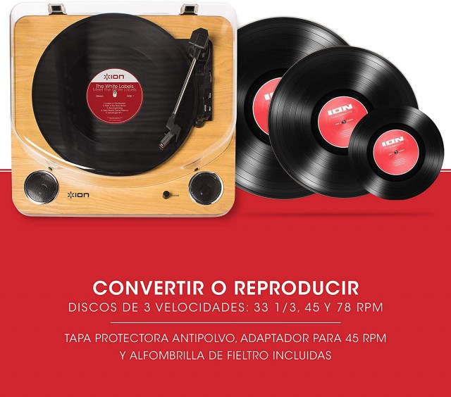 ION Audio Max LP - Tocadiscos de vinilo de 3 Velocidades con Altavoces estéreo, Salidas Auriculares y RCA, Salida USB para Convertir Discos de Vinilo a Archivos Digitales, Acabado en Madera